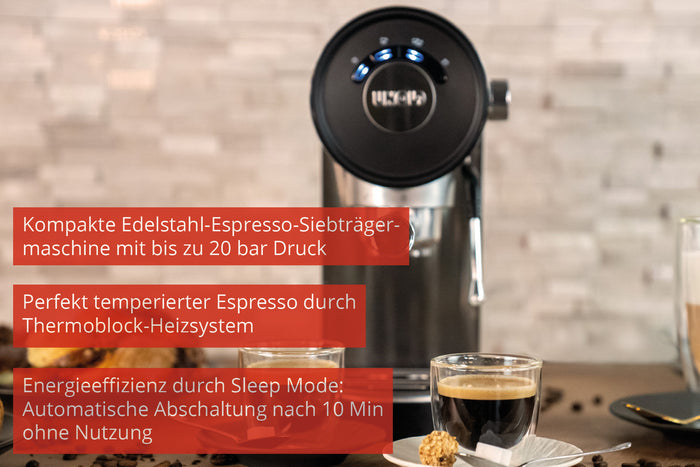 Die Unold Espressomaschine Piccopresso, eine kompakte Edelstahl-Espressomaschine auf einer Theke für zwei Tassen, verfügt über 20 Bar Druck, ein Thermoblock-Heizsystem und einen energiesparenden automatischen Schlafmodus.