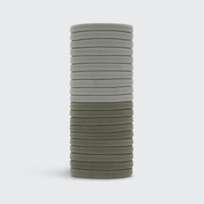KITSCH Eucalyptus Hair Elastics 20pc Set — product lifestyle shot showing pack of 20 in chic green neutral shades — crafted with 100% recycled nylon — soft and stretchy for a tight, all-day hold