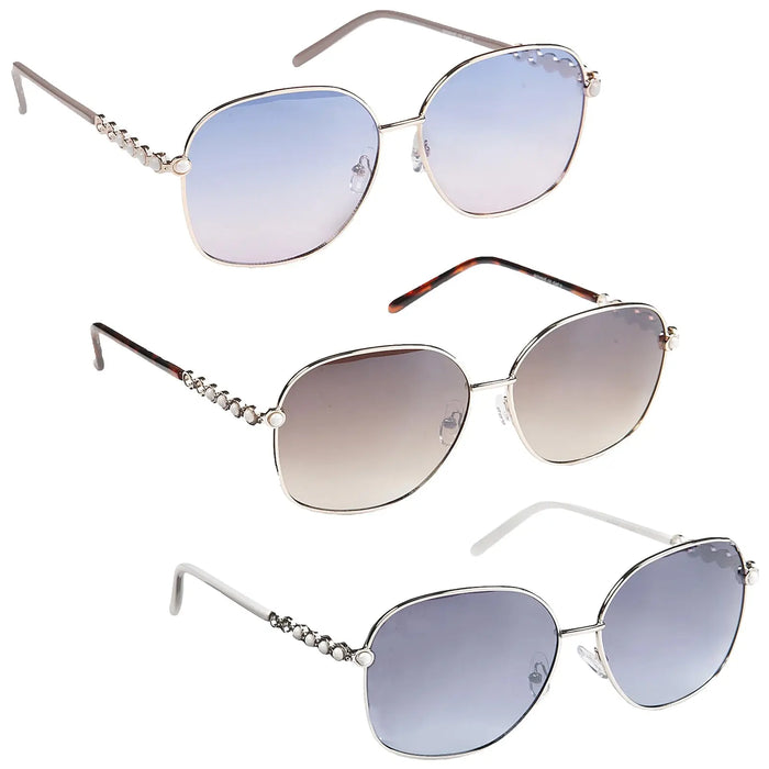 Three pairs of stylish sunglasses are displayed stacked vertically showcasing varying frame styles and tinted lenses in shades of blue and grey highlighting a fashionable accessory for sun protection.