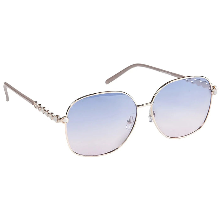A pair of oversized sunglasses features gradient blue lenses and a gold metal frame The arms have a decorative design enhancing their stylish appearance against a neutral background