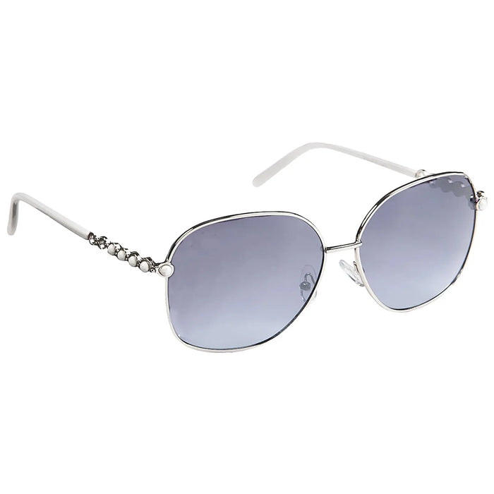 A pair of stylish oversized sunglasses features a silver frame and gradient gray lenses with decorative elements on the temples, positioned against a plain white background.