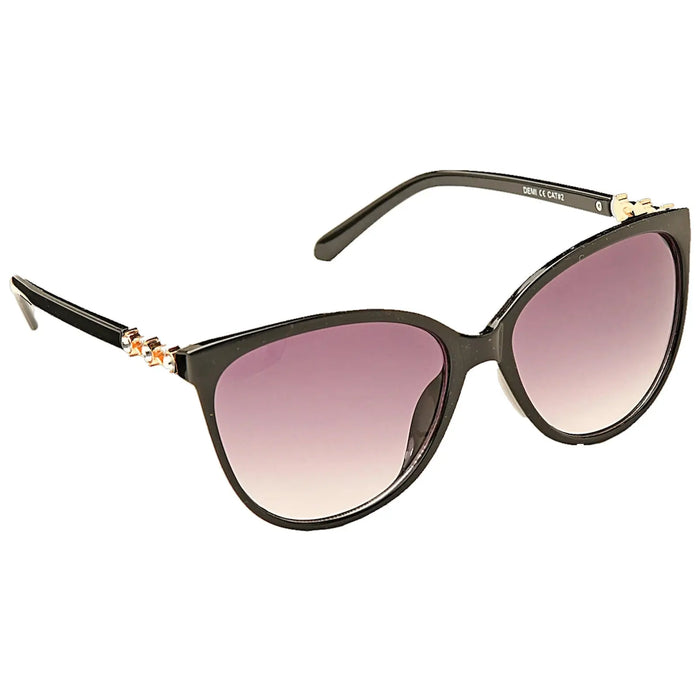 A pair of cat-eye sunglasses with a black frame are placed at an angle showing the gradient purple lenses and decorative embellishments on the frame's base in a neutral background.