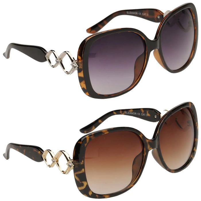 Two pairs of stylish sunglasses are displayed one on top of the other showcasing a tortoiseshell pattern with gradient lenses and decorative embellishments on the arms against a neutral background