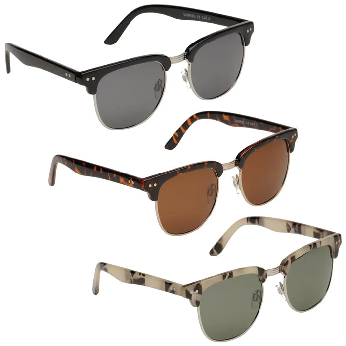Eyelevel Ladies Gabriel Polarized Sunglasses Three pairs of sunglasses are displayed. The top pair has dark gray lenses and a black frame. The middle pair features brown lenses with a tortoiseshell design. The bottom pair has green lenses with a light tortoiseshell frame.
