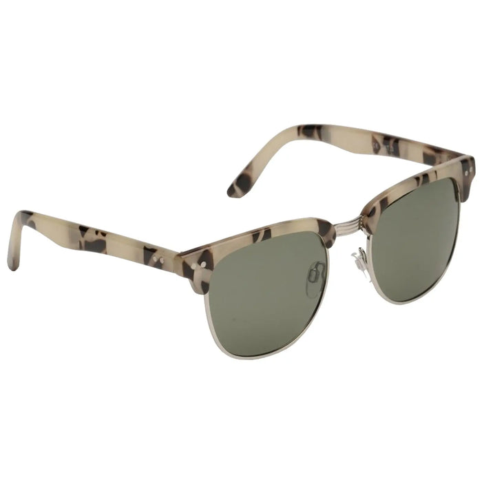 Sunglasses with a camouflage pattern rest positioned sideways displaying dark green lenses and metal detailing in a neutral background setting emphasizing their stylish design.