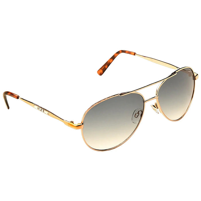 Sunglasses with a gold frame and gradient lenses rest at an angle. The environment appears neutral and simple, emphasizing the sleek design of the eyewear.
