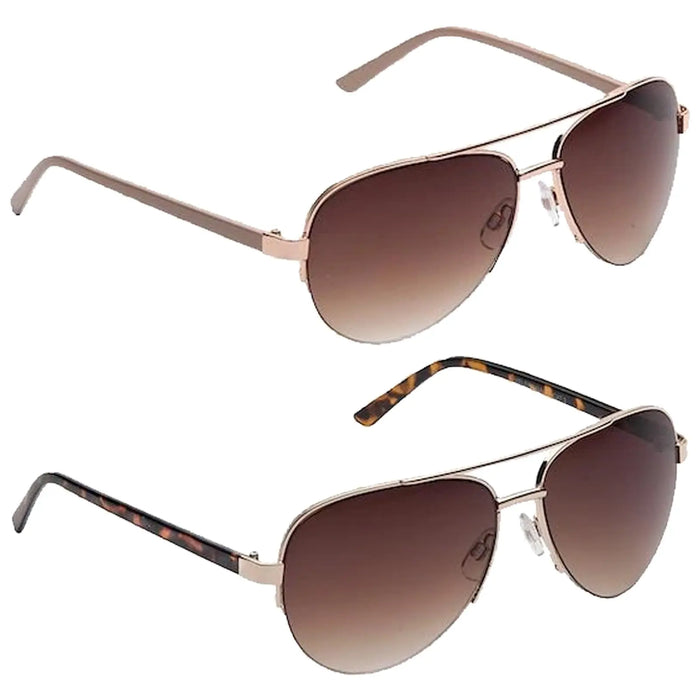 Two pairs of sunglasses are displayed with one on top of the other. The top pair has a metallic frame and gradient lenses while the bottom pair features a patterned temple and similar gradient lenses.