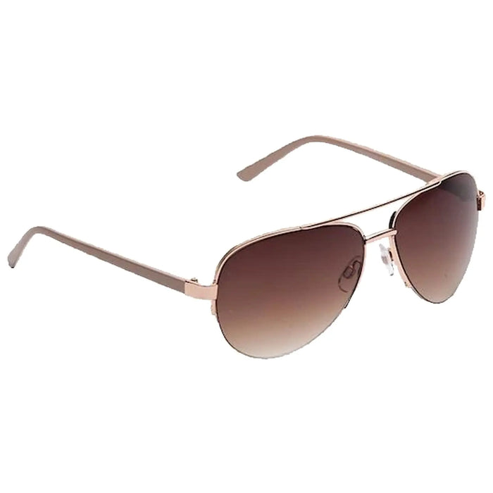 Sunglasses with a dark gradient lens design rest on a plain background showcasing their sleek metallic frame and curved arms suggesting a stylish accessory for sun protection.