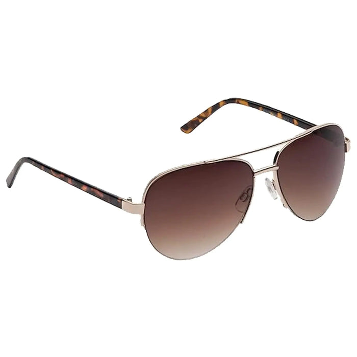 A pair of sunglasses rests on a flat surface featuring dark gradient lenses a gold frame and tortoiseshell-patterned arms designed for sun protection and style.
