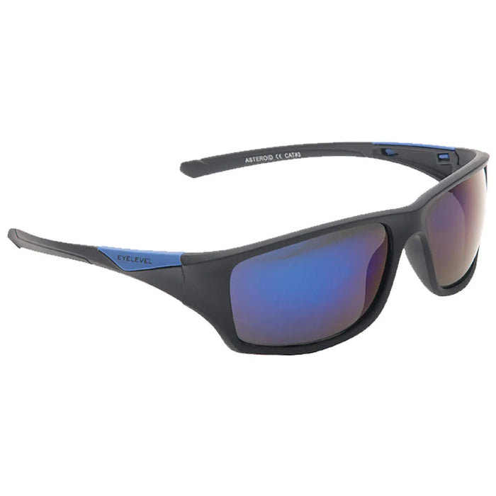 Black sunglasses with blue accents reflect light while positioned against a neutral background highlighting their sleek design and UV protection features ideal for outdoor activities.