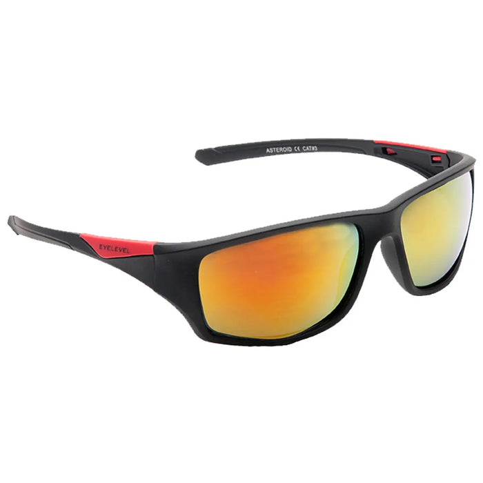 Black sports sunglasses with red accents are displayed. The lenses have a reflective orange tint suggesting they are designed for outdoor activities. They are positioned to showcase their sleek design.