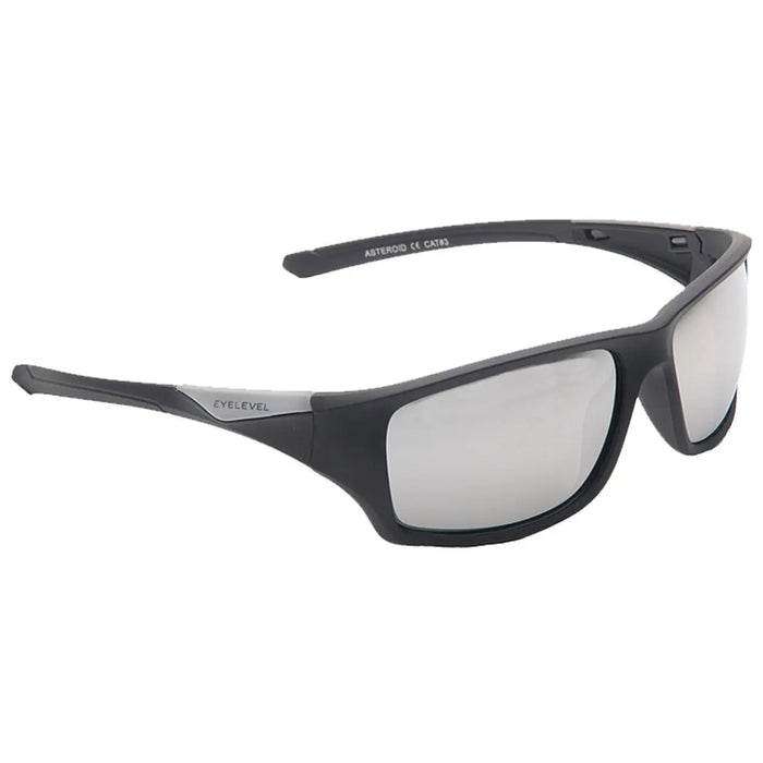 Black sunglasses with a sleek design and reflective lenses are positioned against a neutral background conveying a modern and sporty style suitable for outdoor activities.