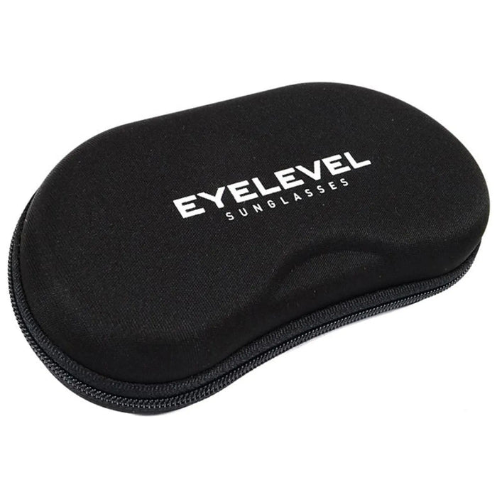 A black sunglasses case rests on a surface with the brand name EYELEVEL and the word SUNGLASSES prominently displayed on its top indicating it is designed for protecting eyewear.