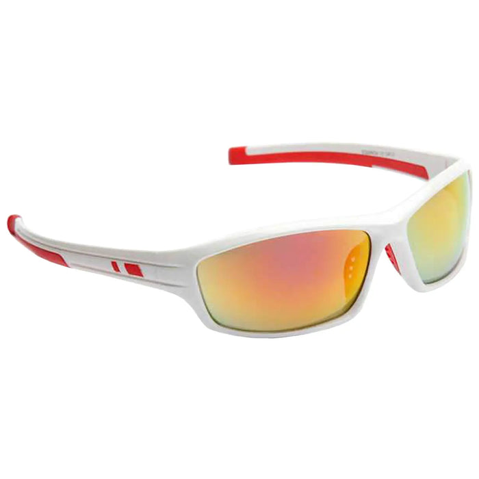 Sunglasses with a white frame and red accents reflect light in vibrant colors while resting against a plain background showcasing their sporty design suitable for outdoor activities.