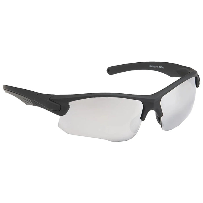 Black sports sunglasses with a sleek design rest on a flat surface showcasing their reflective lenses and curved frame suitable for athletic activities or outdoor use.