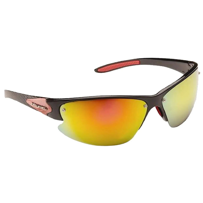 Sunglasses are positioned at an angle with reflective lenses showing a gradient of orange to green light the frame is sleek with a mix of black and red materials