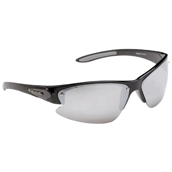 Sunglasses with a sleek black frame and mirrored lenses rest on a flat surface showcasing a modern sporty design ideal for outdoor activities and protection from sunlight