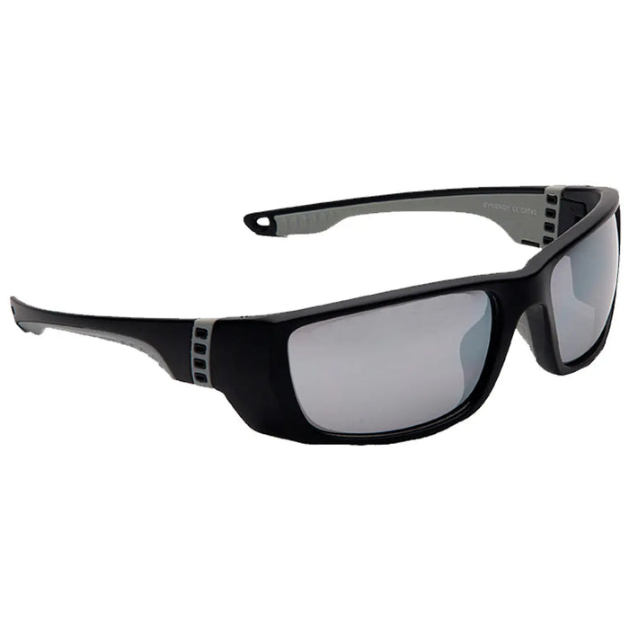 Sunglasses with a black frame and gray accents rest with their arms slightly open featuring polarized lenses that reflect light suggesting outdoor use in sunny conditions.