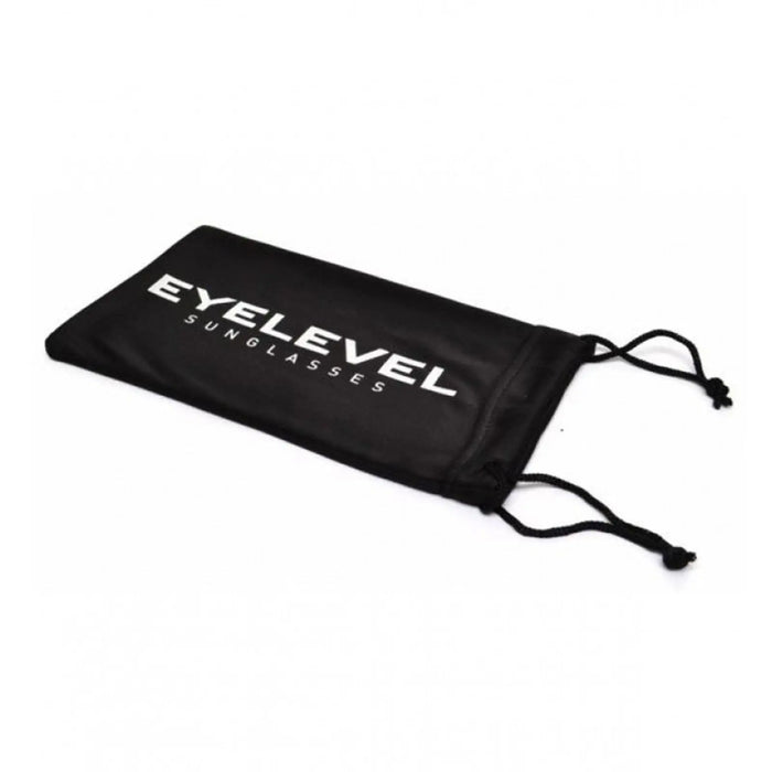A black pouch designed for sunglasses is lying flat with the text EYLEVEL SUNGLASSES printed in white. The pouch features a drawstring closure on one end.