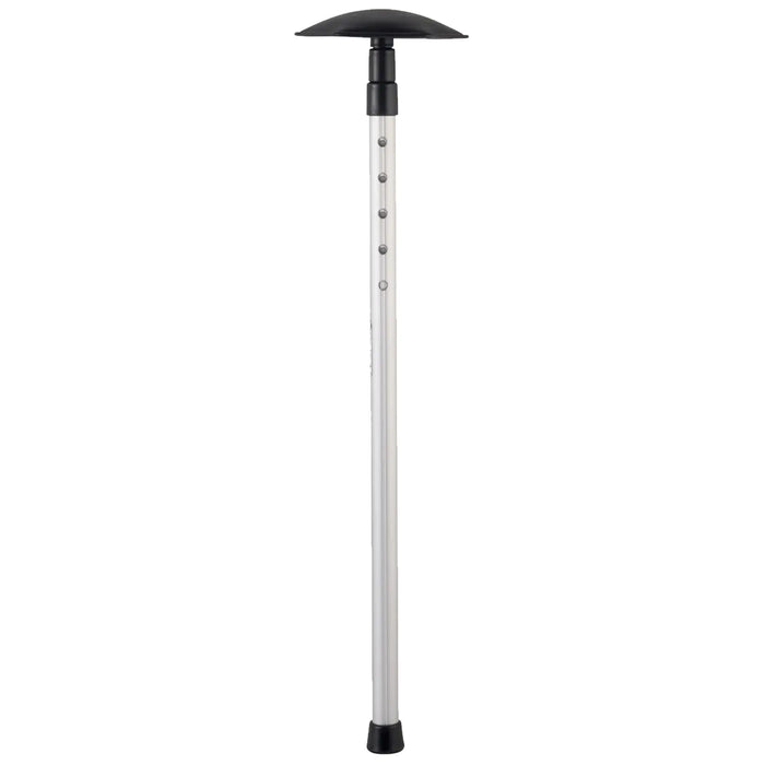 A metal pole with a dome-shaped top stands upright featuring multiple height adjustment holes along its length and a rubberized foot for stability in outdoor settings.