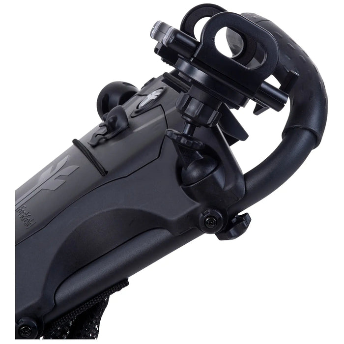A black camera stabilization device is angled for visibility with various knobs and mounts for adjustment and attachment visible against a neutral background suggesting professional equipment use.