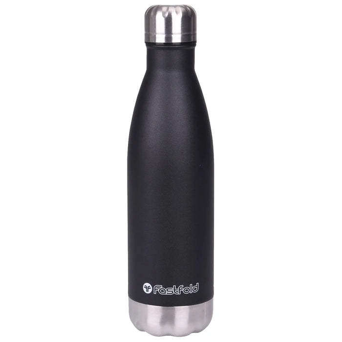 A black stainless steel water bottle stands upright with a silver cap reflecting light it features a cylindrical shape and has a logo near the bottom indicating the brand Fastfold