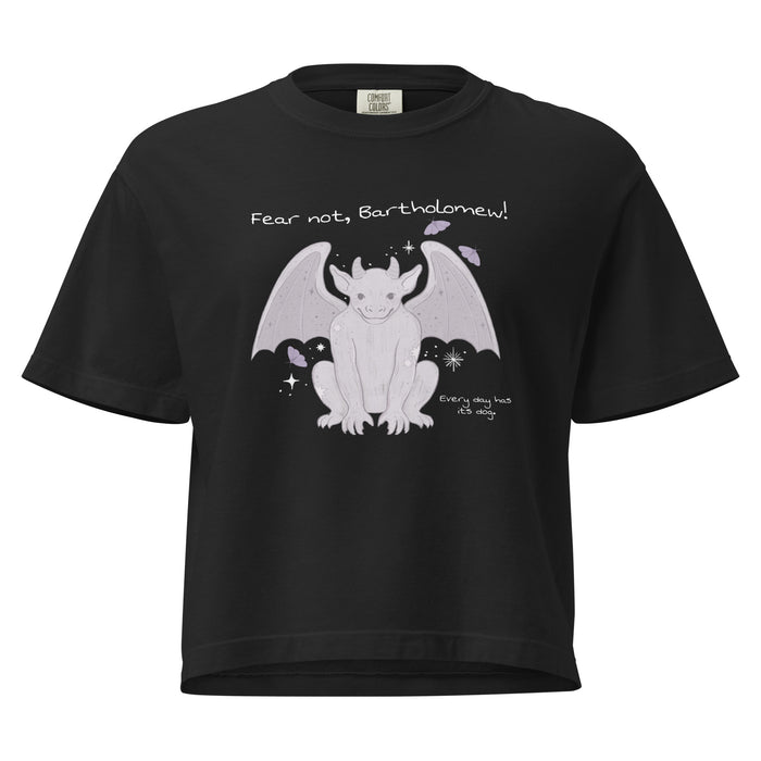 Fear Not Bartholomew Boxy Tee - The Bean Workshop - Bartholomew Winged Creature Print, Boxy Tee, Casual Bookish Fashion, Cute Character Illustration, Fandom Boxy T-Shirt, Fear Not Bartholomew Boxy Tee Shepherd King Fan, Gift for Fantasy Readers, Lavender Grey Design, Oversized Bookish T-Shirt for Fantasy Readers, Oversized Fandom Tee, Rachel Gillig, The Knight and the Moth, Whimsical Fantasy Aesthetic