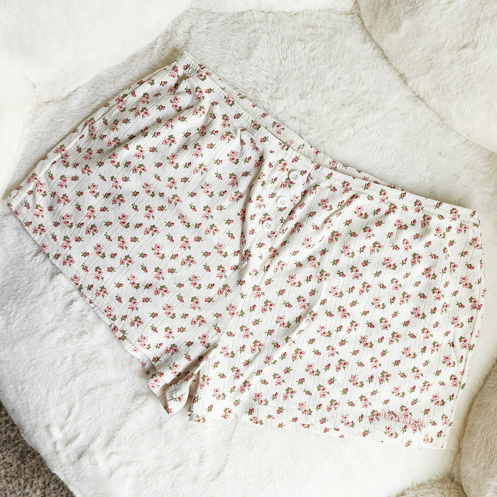 Floral Embroidered Bookish Shorts — Women's Cotton Lounge Shorts - The Bean Workshop - bookish, bookish gifts, bookish loungewear, cottagecore apparel, cotton lounge shorts, floral embroidered shorts, Loungewear, shorts