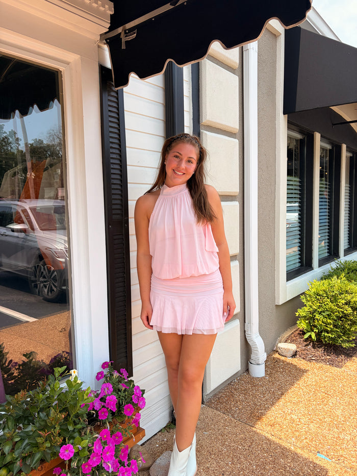 Flouncy mesh mini dress in blush pink