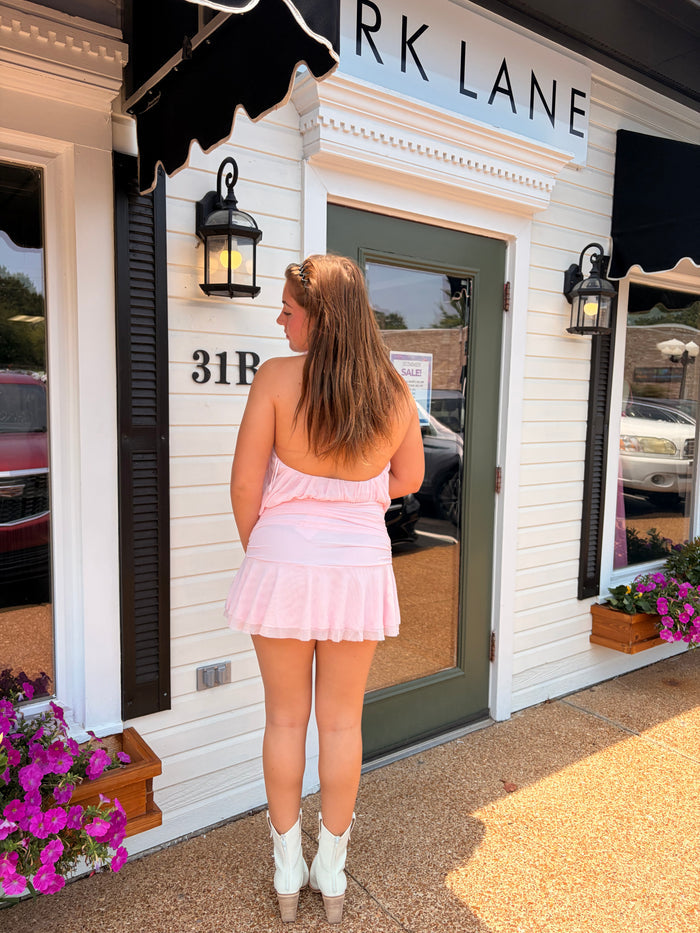Flouncy mesh mini dress in blush pink