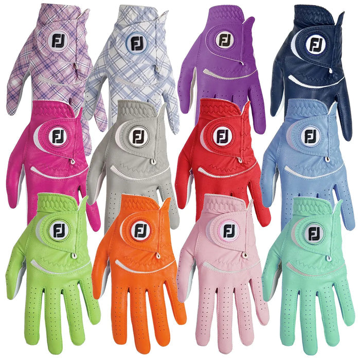 A collection of colorful golf gloves is displayed. Each glove features unique designs and colors. They are arranged on a neutral background, showcasing their details and brand logo.