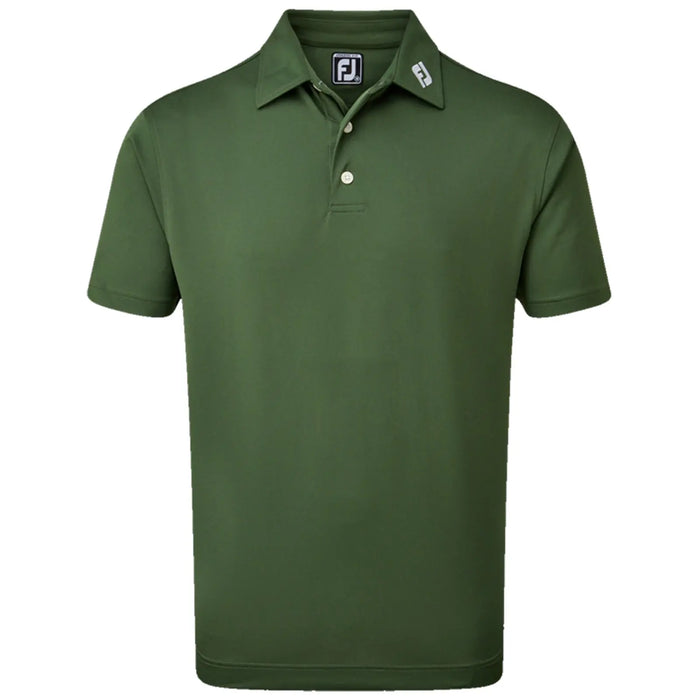 A green polo shirt is displayed prominently with a collar and three buttons The shirt features a logo on the collar and is made of a smooth fabric