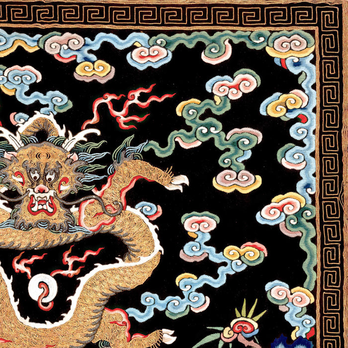 Framed Qing Dragon Chinese Silk Embroidered Folk Art Design | Mandarin Square Antique Asian Framed Art Print
