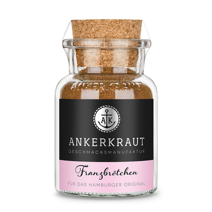 Ankerkraut Franzbrötchen Gewürz im Korkenglas auf weißem Hintergrund.