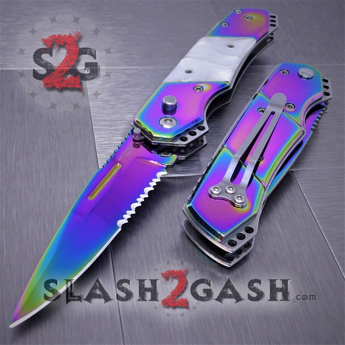 Gentleman's Titanium Rainbow Automatic Knife Serrated - White Marble Pearl