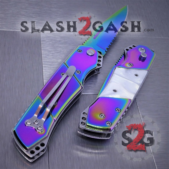 Gentleman's Titanium Rainbow Automatic Knife Serrated - White Marble Pearl