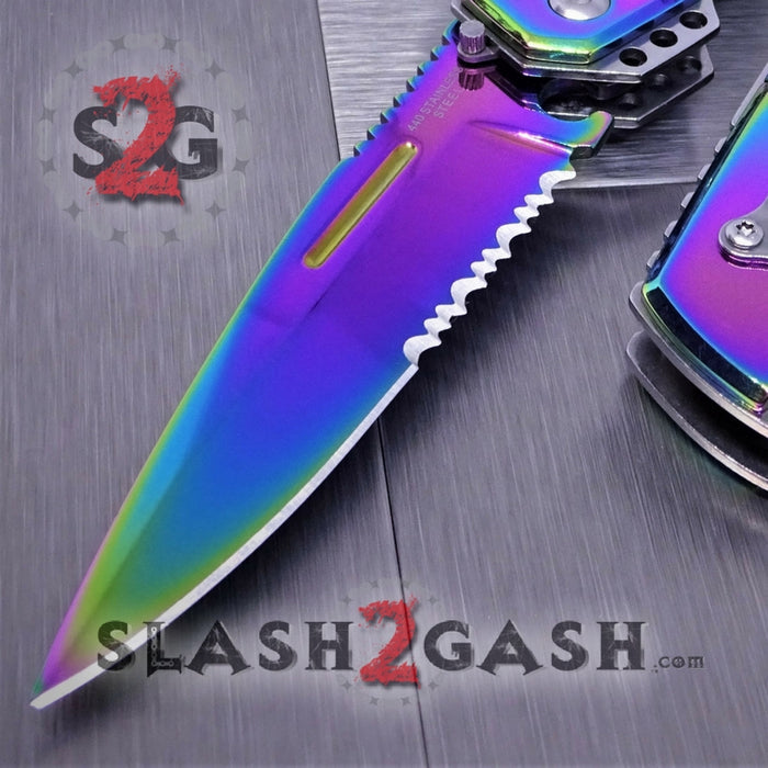 Gentleman's Titanium Rainbow Automatic Knife Serrated - White Marble Pearl