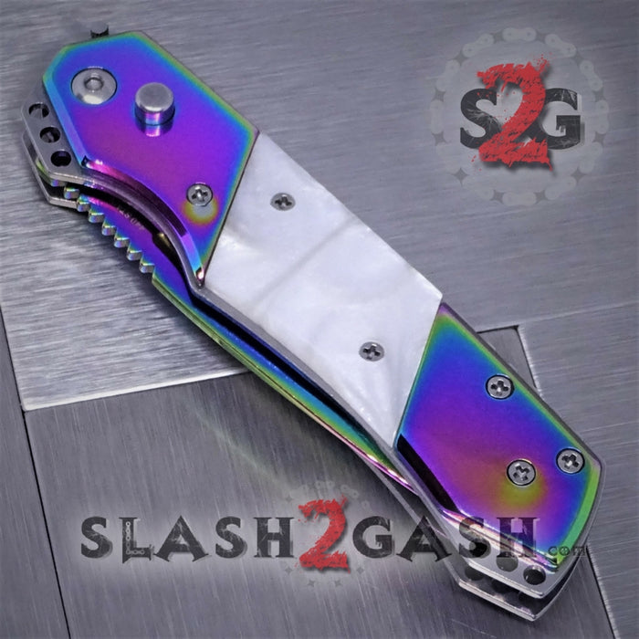 Gentleman's Titanium Rainbow Automatic Knife Serrated - White Marble Pearl