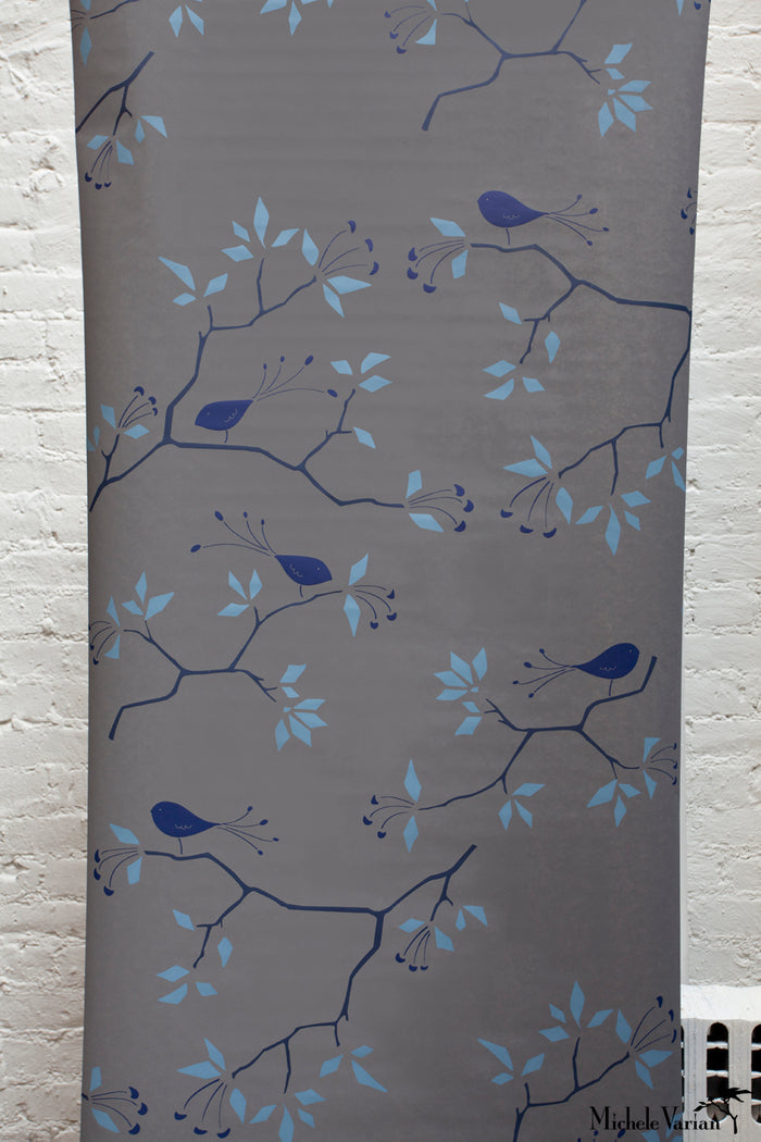 Geo Bird Wallpaper Graphite Cobalt