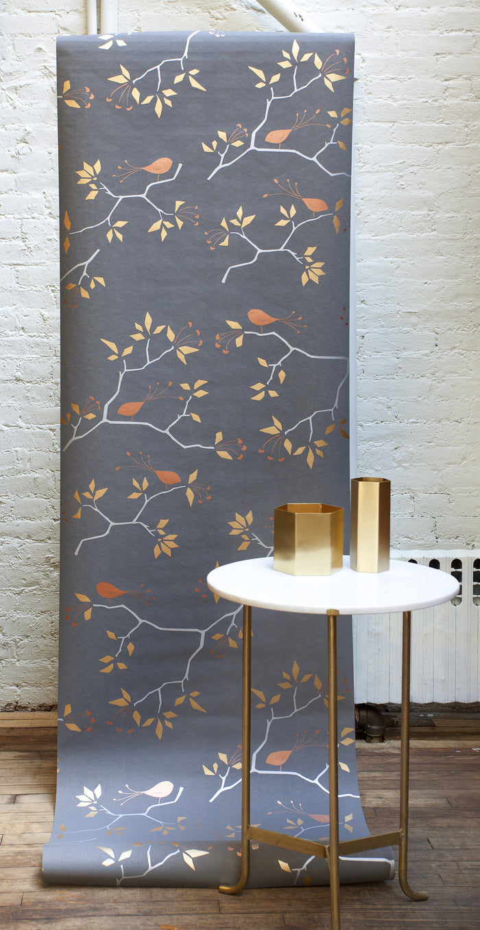 Geo Bird Wallpaper Metallic Bronze, Silver and Copper on Graphite