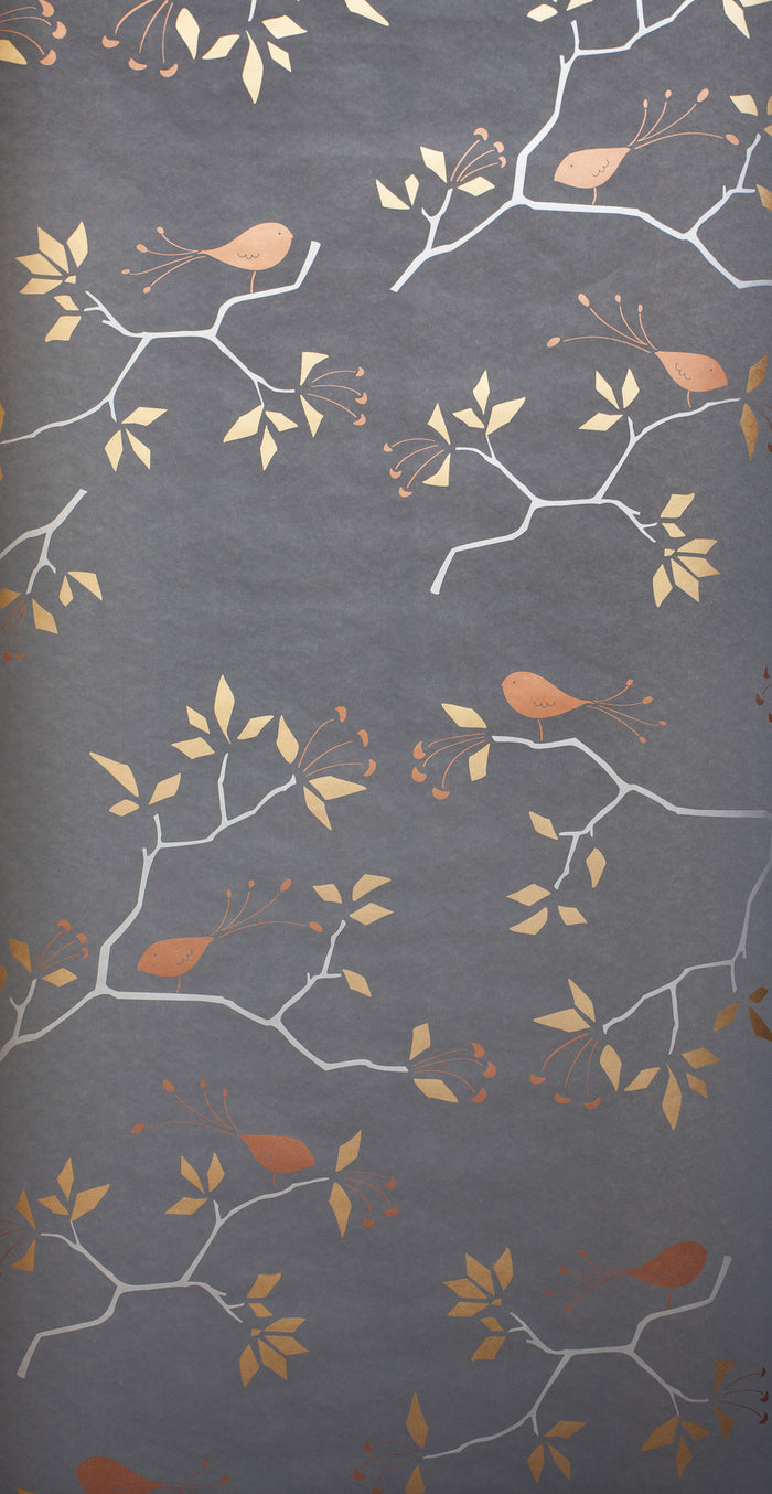Geo Bird Wallpaper Metallic Bronze, Silver and Copper on Graphite