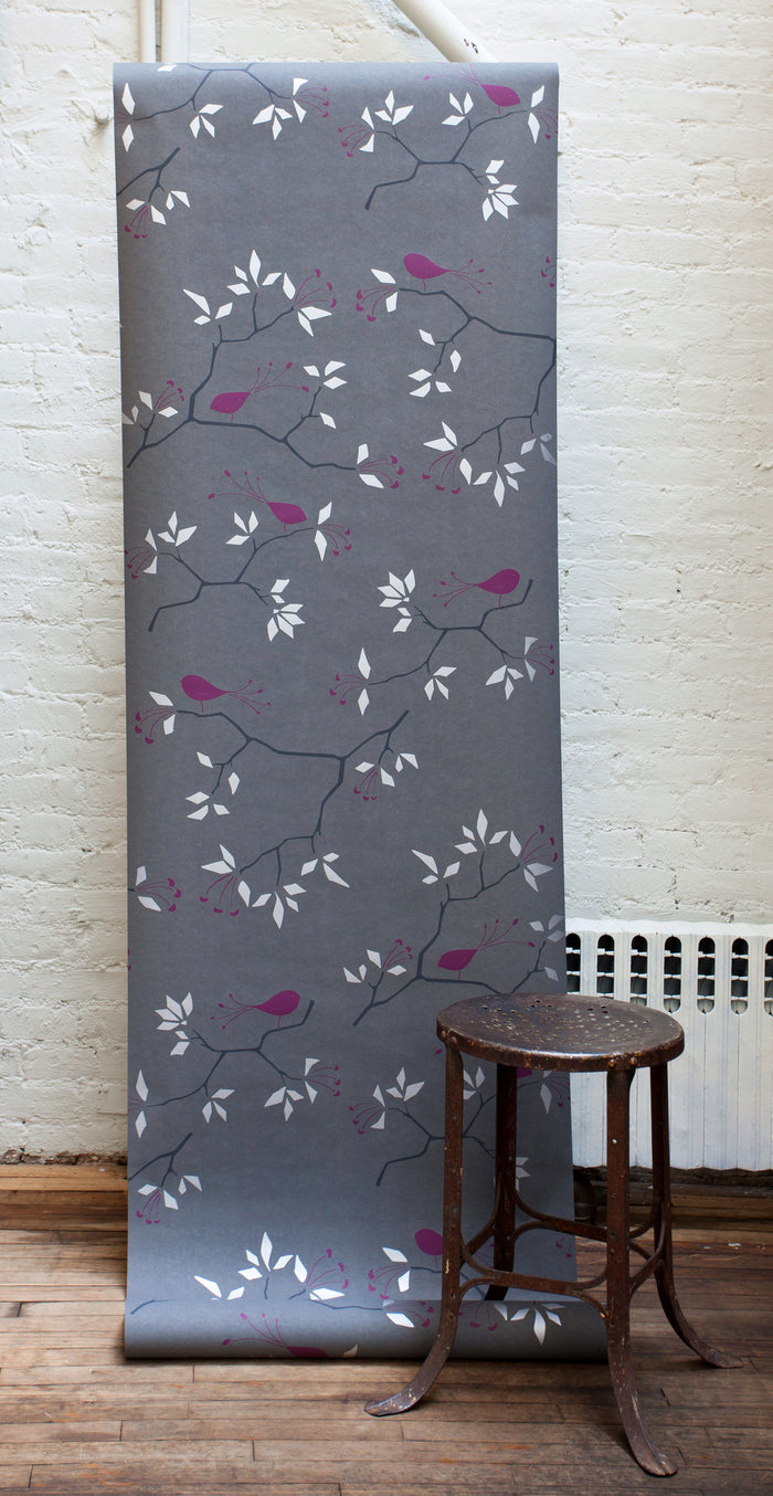 Geo Bird Wallpaper Metallic Silver and Plum on Graphite Gray