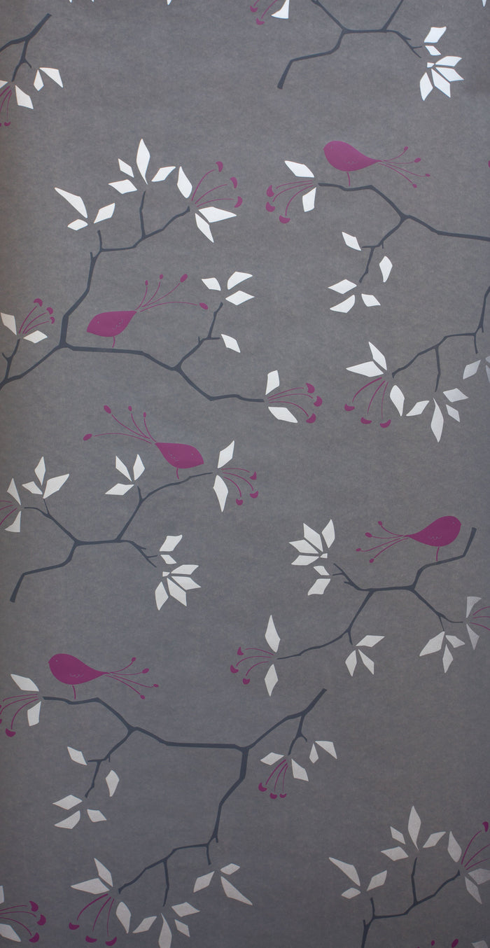Geo Bird Wallpaper Metallic Silver and Plum on Graphite Gray
