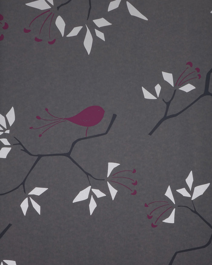 Geo Bird Wallpaper Metallic Silver and Plum on Graphite Gray