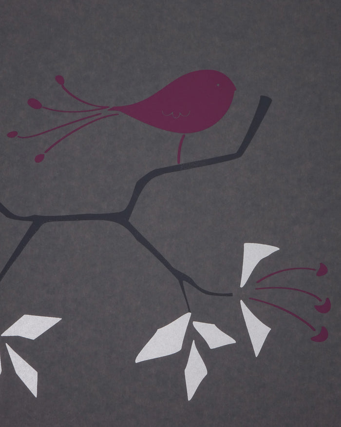 Geo Bird Wallpaper Metallic Silver and Plum on Graphite Gray