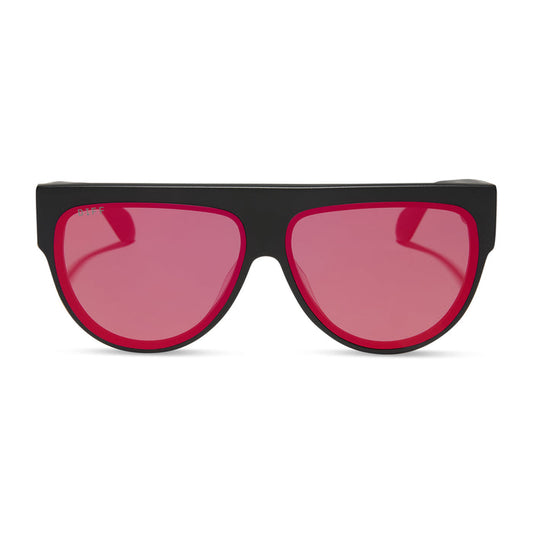 diff eyewear featuring the georgie square oversized sunglasses with a matte black frame and red hot summer mirrored lenses front view
