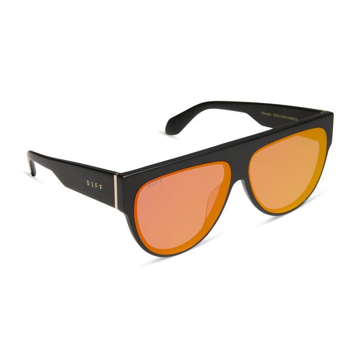 diff eyewear featuring the georgie square oversized sunglasses with a matte black frame and red hot summer mirrored lenses angled view
