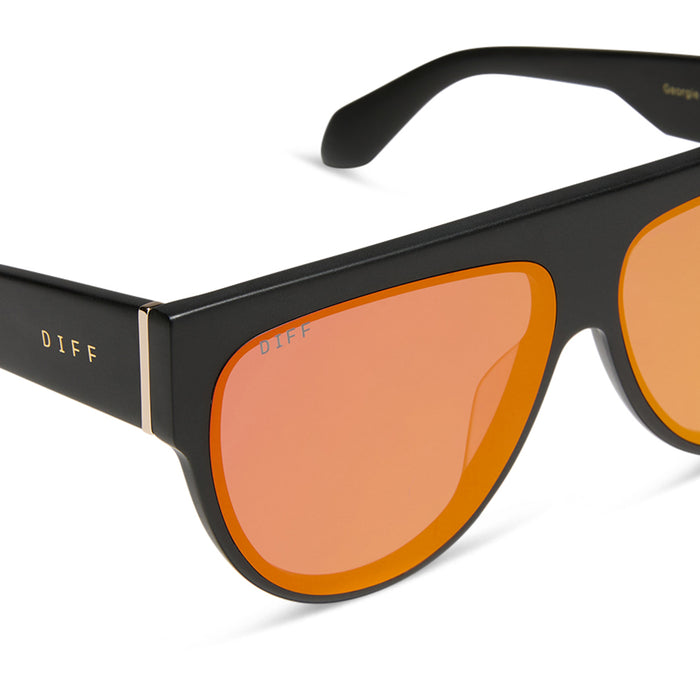 diff eyewear featuring the georgie square oversized sunglasses with a matte black frame and red hot summer mirrored lenses detailed view