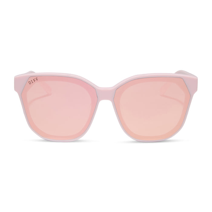 diff eyewear featuring the gia square sunglasses with a powder pink frame and cherry blossom mirror lenses front view