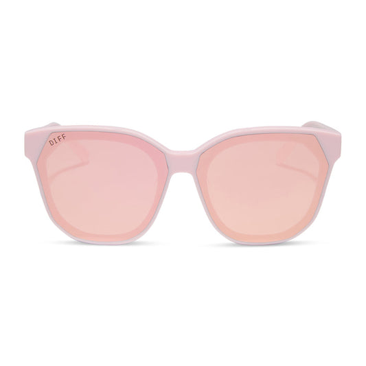 diff eyewear featuring the gia square sunglasses with a powder pink frame and cherry blossom mirror lenses front view